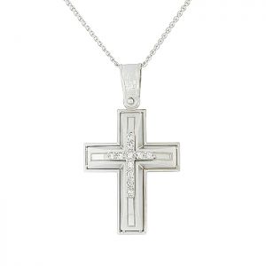 Γυναικείος σταυρός λευκόχρυσος και αλυσίδα 14 καράτια με ζιργκόν. CRS0471