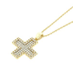 Τετράγωνος χρυσός γυναικείος σταυρός με ζιργκόν σετ με αλυσίδα σε 14 καράτια. CRK0588
