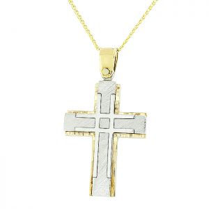 Λευκόχρυσος ανδρικός σταυρός με χρυσά στοιχεία και αλυσίδα σε 14 καράτια. CRA0696