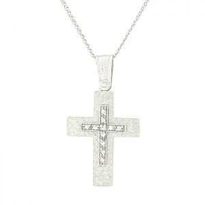 Λευκόχρυσος γυναικείος σταυρός με ζιργκόν και αλυσίδα σε 9 καράτια. CRA12600