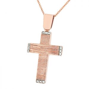 Κομψός γυναικείος σταυρός σε ροζ χρυσό με ζιργκόν σε 9 καράτια. CRK12744
