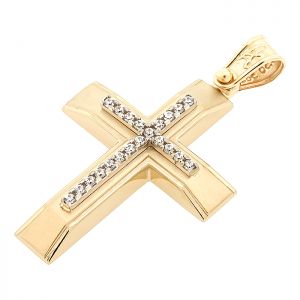 Γυναικείος σταυρός χρυσός με ζιργκόν σετ με αλυσίδα σε 14 καράτια.CRS14264