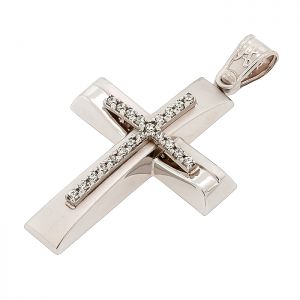 Λευκόχρυσος γυναικείος σταυρός με ζιργκόν σετ με αλυσίδα σε 14 καράτια. CRS14268