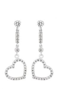 Λευκόχρυσα κρεμαστά σκουλαρίκια καρδιές 18 καράτια με διαμάντια SK15599