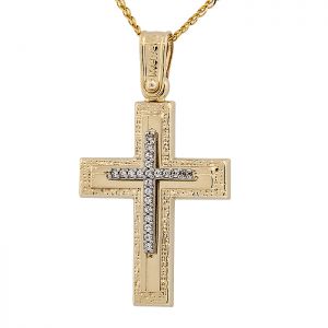 Γυναικείος σταυρός χρυσός με ζιργκόν χαρακτός σε 14 καράτια.CRS16024