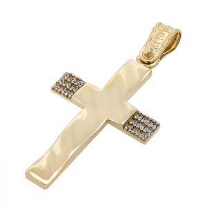 Γυναικείος σταυρός χρυσός με ζιργκόν δυο οψεων σε 14 καράτια.CRS16036