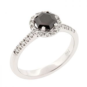 Λευκόχρυσο δαχτυλίδι 18 καράτια ροζέτα με μαύρο οκτάγωνο διαμάντι. RL16935