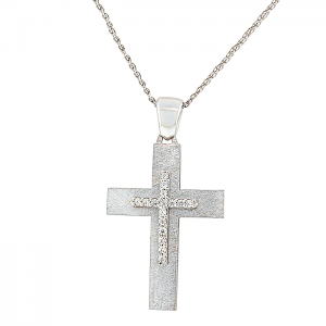 Γυναικείος σταυρός λουστρέ λευκόχρυσος 14Κ με ζιργκόν σετ με αλυσίδα 14Κ. CRS18593
