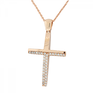 Χρυσός roz σταυρός γυναικείος 2 όψεων σετ με αλυσίδα σε 14 καράτια. CRK18607