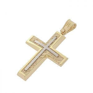Δίχρωμος σταυρός με χαρακτή  επεξεργασία σε 14 καράτια. CRA19636