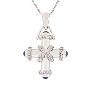 Ιδιαίτερος σταυρός λευκόχρυσος 18Κ με διαμάντια και ζαφείρια. CR02670
