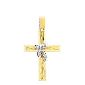 Κομψός χρυσός χειροποίητος σταυρός με διαμαντένιο φιογκάκι σε 18 καράτια. CRK4419