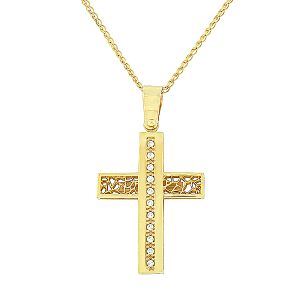 Χρυσός γυναικείος σταυρός διπλής οψης και αλυσίδα σε 14 καράτια CRK4500