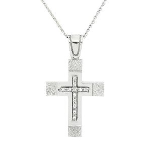 Εντυπωσιακός λευκόχρυσος γυναικείος σταυρός και αλυσίδα 14 καράτια.CRS5073