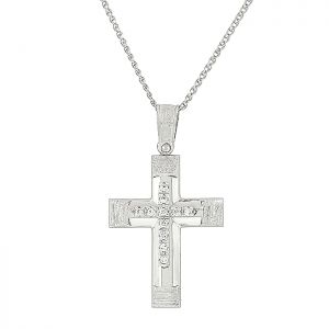 Γυναικείος σταυρός με ζιργκόν λευκόχρυσος και αλυσίδα 14 καράτια . CRS05269