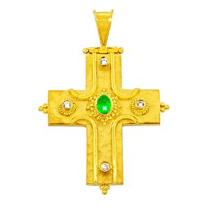 Χειροποίητος βυζαντινός σταυρός σε χρυσό 18 καρατίων με σμαράγδι και διαμάντια CRK1738