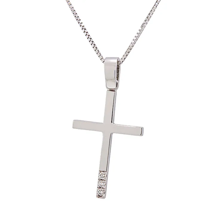 Κομψός λευκόχρυσος σταυρός με διαμάντια 0.02ct set με αλυσίδα σε 18 καράτια. CR16862