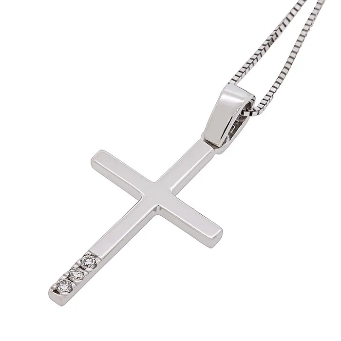 Κομψός λευκόχρυσος σταυρός με διαμάντια 0.02ct set με αλυσίδα σε 18 καράτια. CR16862