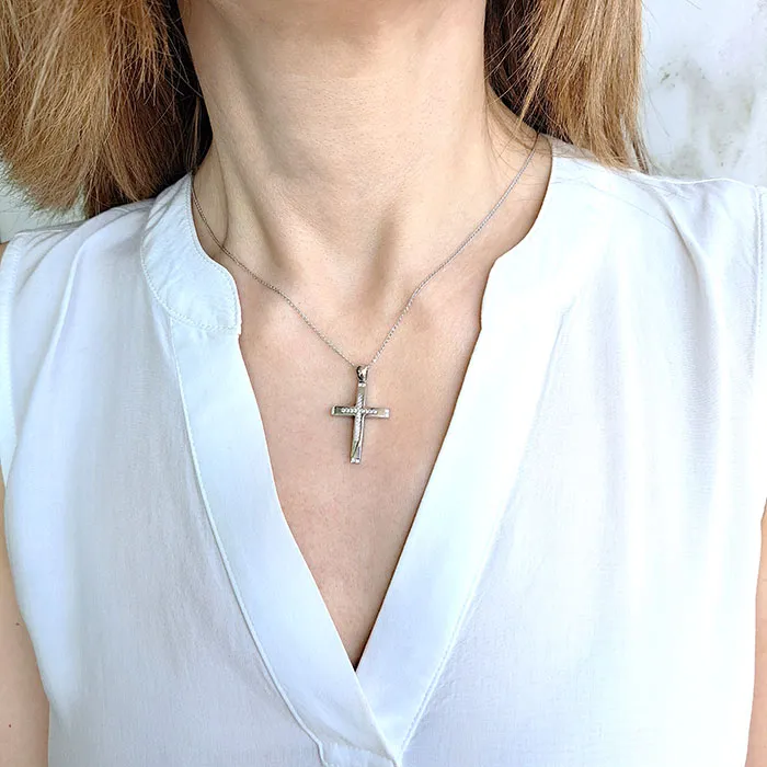 Γυναικείος σταυρός λευκόχρυσος 2 όψεων 14 καράτια με ζιργκόν. CRS18109