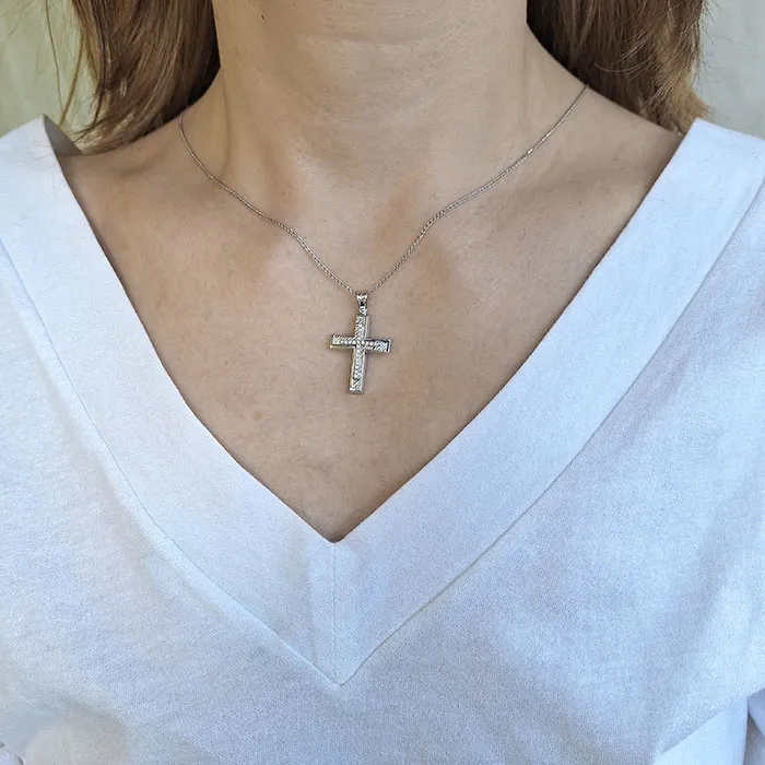 Γυναικείος σταυρός λευκόχρυσος με ζιργκόν σε 14 καράτια. CRS19624