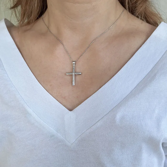 Γυναικείος σταυρός λευκόχρυσος με ζιργκόν σε 9 καράτια. CRS19594