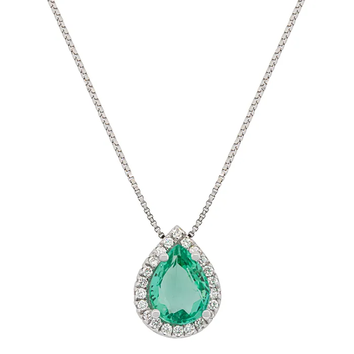 Μενταγιόν λευκόχρυσο με σμαράγδι δάκρυ 0.79ct και διαμάντια σετ με αλυσίδα σε 18Κ. MD20082