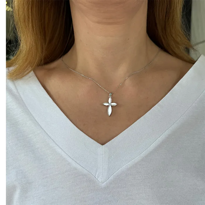Γυναικείος σταυρός λευκόχρυσος 14 καράτια με ζιργκόν. CRS21190