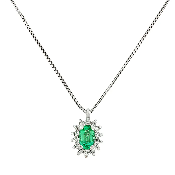 Ροζέτα μενταγιόν λευκόχρυσο με σμαράγδι 0.27ct, διαμάντια 0.10ct και αλυσίδα 18Κ. MD21877