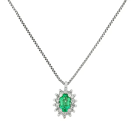 Ροζέτα μενταγιόν λευκόχρυσο με σμαράγδι 0.27ct, διαμάντια 0.10ct και αλυσίδα 18Κ. MD21877