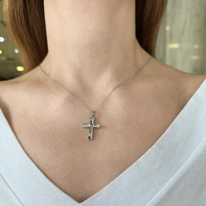Γυναικείος σταυρός λευκόχρυσος με ζιργκόν σε 14 καράτια. CRS21200