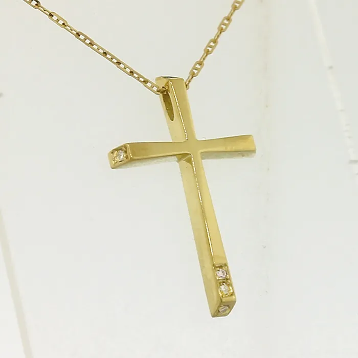 Σταυρός χρυσός με διαμάντια 0.04ct σετ με αλυσίδα 18 καράτια. CR20921