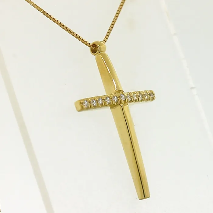 Σταυρός χρυσός με διαμάντια 0.08ct σετ με αλυσίδα 18 καράτια. CR20922