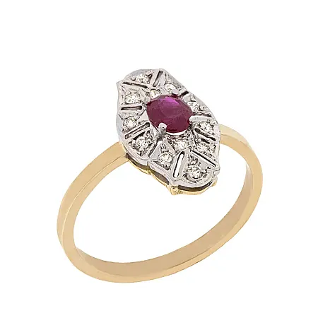 Δαχτυλίδι χρυσό 14Κ και ασήμι με διαμάντια 0.12ct και ρουμπίνι 0.42ct σε αντικέ φινίρισμα. ANT08224