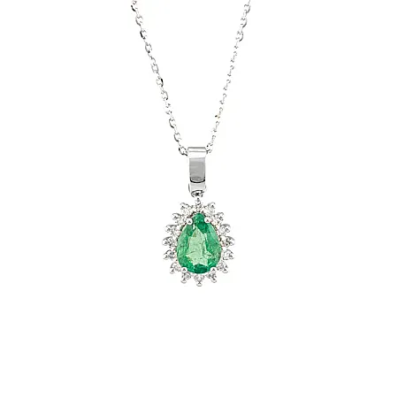 Μενταγιόν λευκόχρυσο με σμαράγδι δάκρυ 0.88ct  και διαμάντια σετ με αλυσίδα σε 18Κ.
