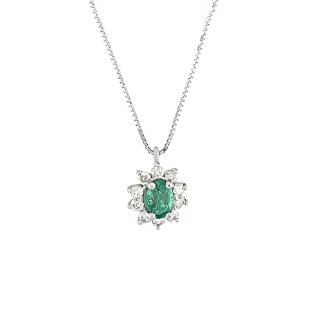 Μενταγιόν λευκόχρυσο με σμαράγδι οβάλ 0.38ct  και διαμάντια σετ με αλυσίδα σε 18Κ.