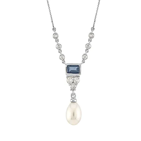 Μενταγιόν λευκόχρυσο με emerald cut ζαφείρι φυσικό μαργαριτάρι και διαμάντια σετ με αλυσίδα σε 18Κ.