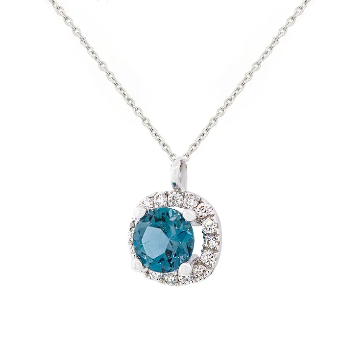 Λευκόχρυσο μενταγιόν ροζέτα 18Κ με blue london τοπαζ 0.70ct και διαμάντια.