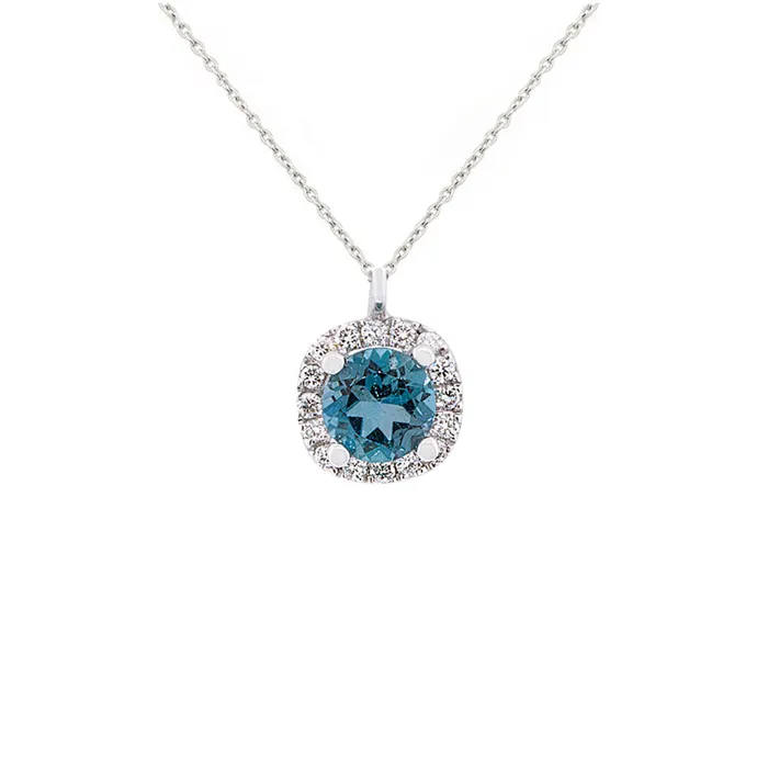 Λευκόχρυσο μενταγιόν ροζέτα 18Κ με blue london τοπαζ 0.70ct και διαμάντια.