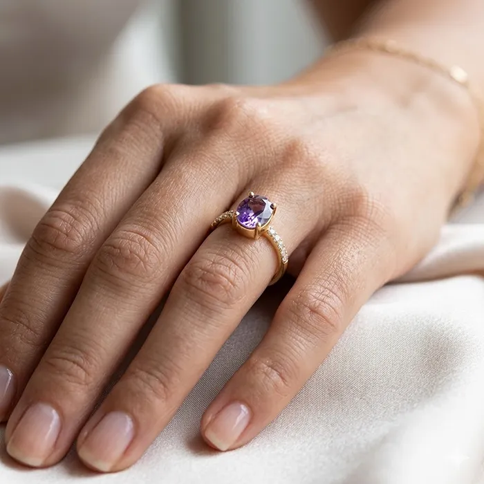 Δαχτυλίδι Χρυσό 14Κ με oval capuson αμέθυστο 3.50ct και Διαμάντια | MillionDiamonds