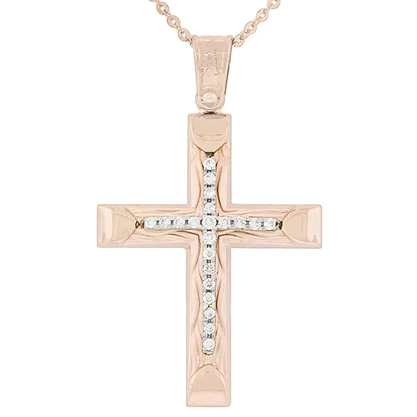 Ροζ σταυρός βάφτισης με διαμάντια 0.08ct σε 18 καράτια για βάφτιση.CR10940