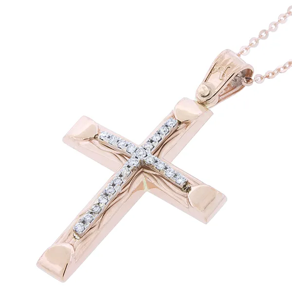 Ροζ σταυρός βάφτισης με διαμάντια 0.08ct σε 18 καράτια για βάφτιση.CR10940