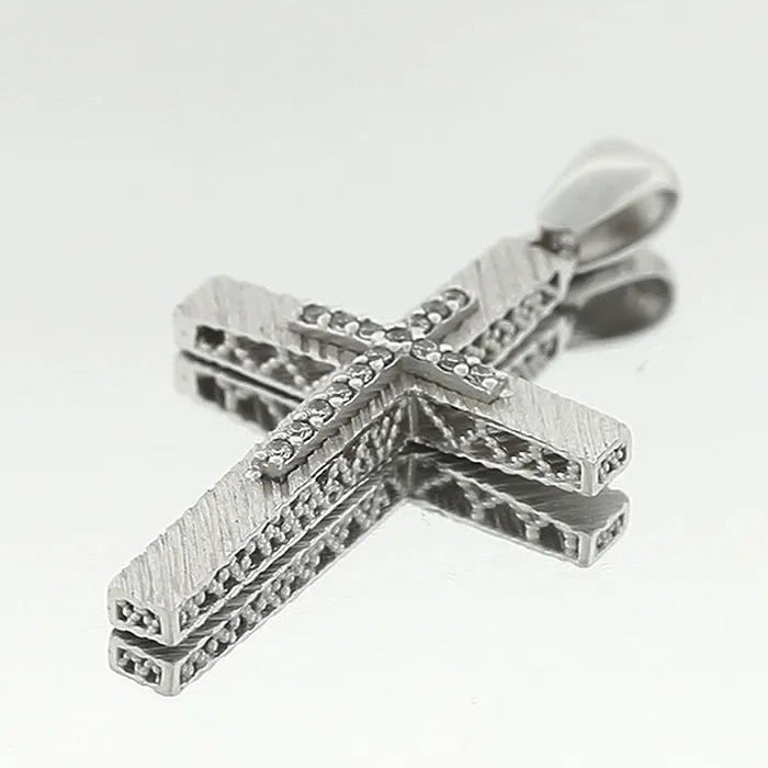 Γυναικείος σταυρός λευκόχρυσος με ζιργκόν σε 14 καράτια.CRS5358