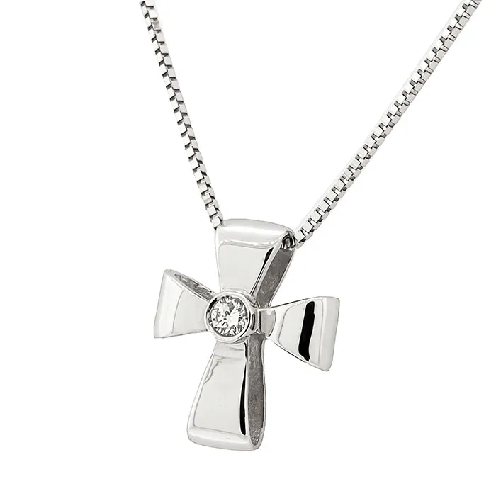 Σταυρός λευκόχρυσος με διαμάντι  0.03ct σετ με αλυσίδα λευκόχρυση 18Κ. CR14932
