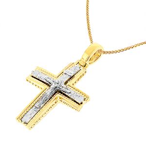Εντυπωσιακός χρυσός σταυρός δυο όψεων με τον Εσταυρωμένο σετ με αλυσίδα.CRA0144