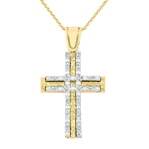 Χρυσός σταυρός δίχρωμος με ζιργκόν κα αλυσίδα 14 καράτια. CRS0355