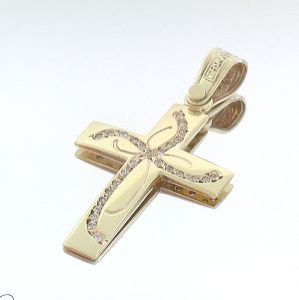Εντυπωσιακός χρυσός σταυρός ΤΡΙΑΝΤΟΣ με ζιργκόν σετ με αλυσίδα σε 14 καράτια. CRK0379