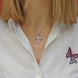 Γυναικείος σταυρός λευκόχρυσος σε 14 καράτια με ζιργκόν. CRS0416