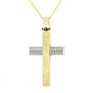 Χρυσός ανδρικός σταυρός με λευκά στοιχεία και αλυσίδα σε 14 καράτια. CRA0721
