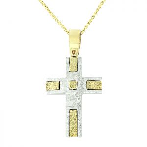 Λευκός ανδρικός σταυρός με χρυσά στοιχεία και αλυσίδα σε 14 καράτια. CRA0725
