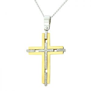 Μοντέρνος χρυσός ανδρικός σταυρός με λευκά στοιχεία και αλυσίδα σε 14 καράτια. CRA0730